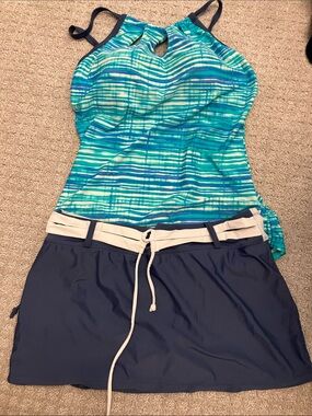 Free Country Teal, Aqua & Slate Striped Tankini with Slate Swim Skort
